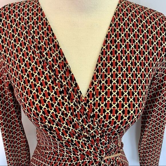 Michael Michael Kors red chain link long sleeve Print Faux Wrap Dress Sz XS - Picture 6 of 16